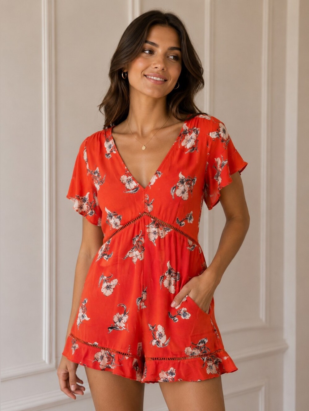 💙 Sienna SKY - Red Floral V-Neck Romper with Ruffle Hem